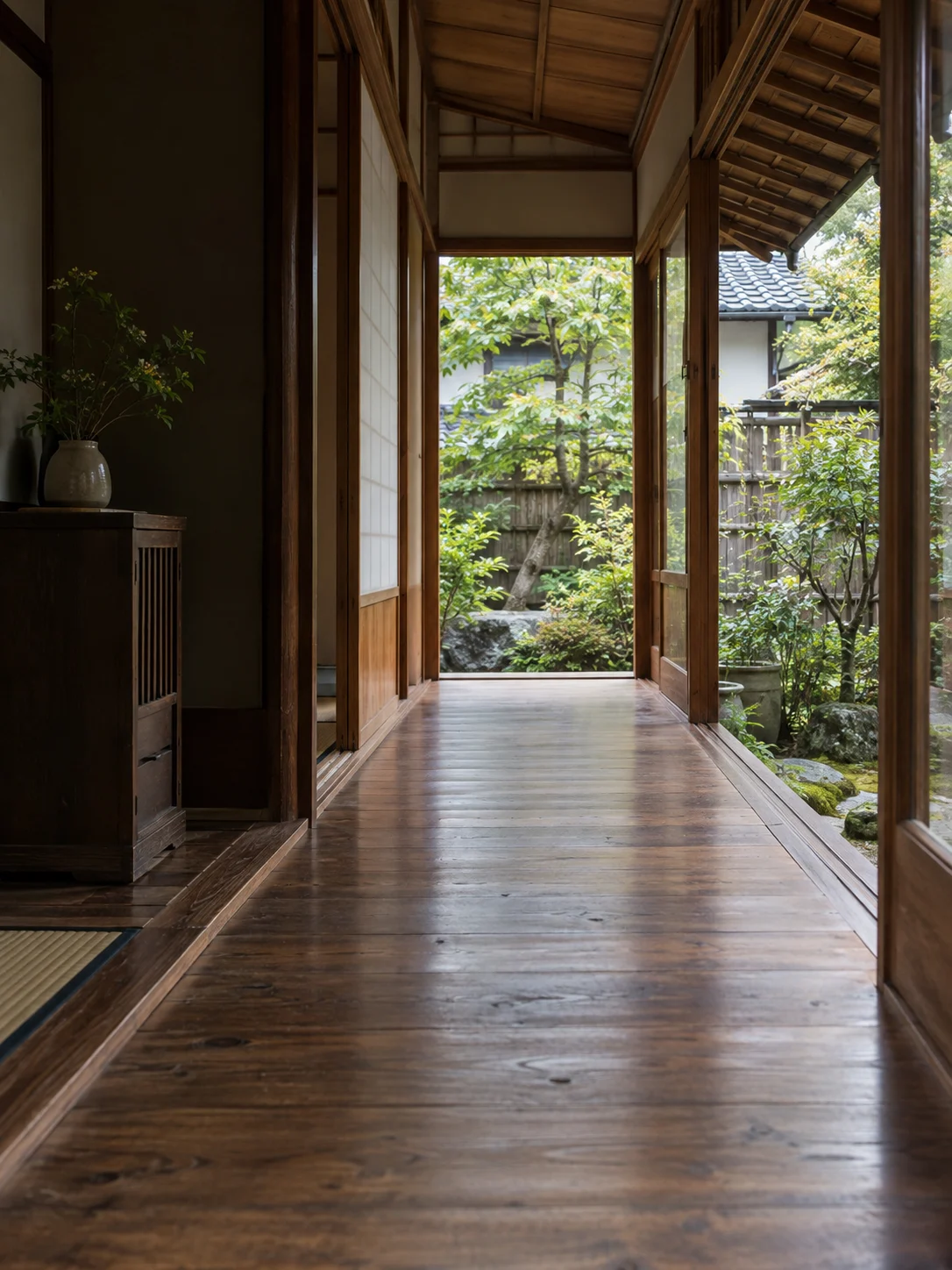 木の廊下から緑の庭を望む日本家屋
